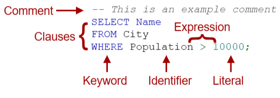 <ul><li><p><strong>Literal:</strong> explicit value</p></li><li><p><strong>Keyword:</strong> word with a special meaning for the language processor </p></li><li><p><strong>Identifier:</strong> name of a database object</p></li><li><p><strong>Expression:</strong> sequence of literals, identifiers, and operations that evaluate to a single value </p></li><li><p><strong>Comment:</strong> text that is ignored by the language processor </p></li></ul><p></p>