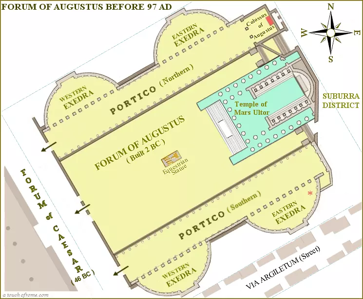 <p><span>Monumental space showcasing Rome’s greatness; featured statues of heroes and the Temple of Mars Ultor</span></p>