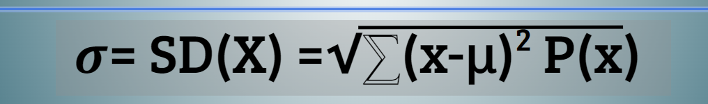 <p><span>&nbsp;&nbsp;𝝈= SD(X) =√⅀(x-μ)<sup>2</sup><em> </em>P(x)</span></p>