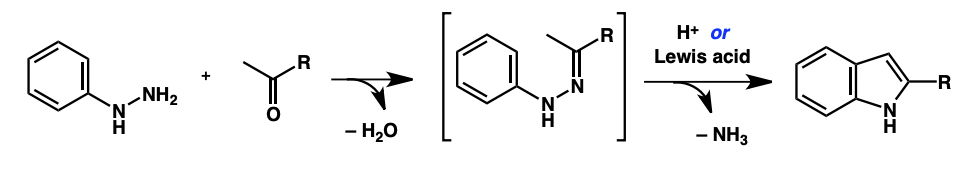 <p>coupling of an aryl hydrazine with a ketone/aldehyde</p><ol><li><p>hydrazone formation</p></li><li><p>indole formation </p></li></ol><p></p>