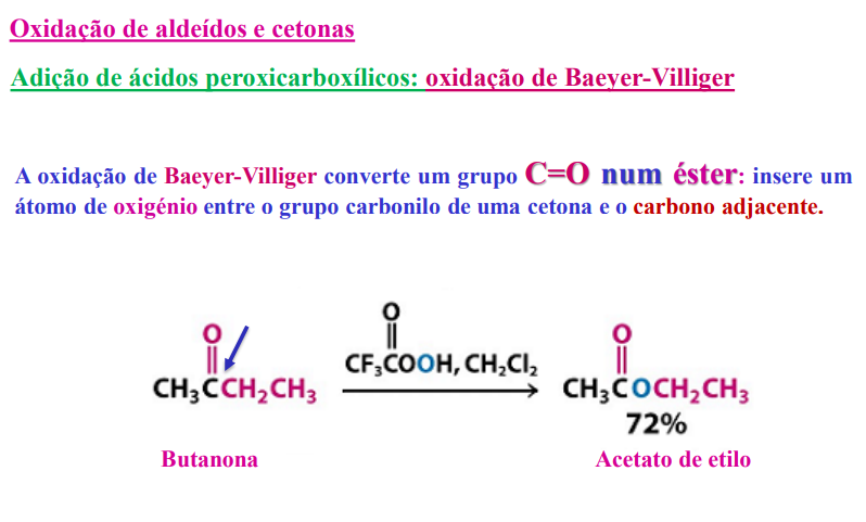 <p>adição de ácidos peroxicarboxílicos: oxidação de baeyer- villiger:</p><ul><li><p>a oxidação de baeyer- villiger converte um grupo <strong>C=O num éster: insere um átomo de oxigénio entre o grupo carbonilo de uma cetona e o carbono adjacente</strong></p></li></ul><p></p>