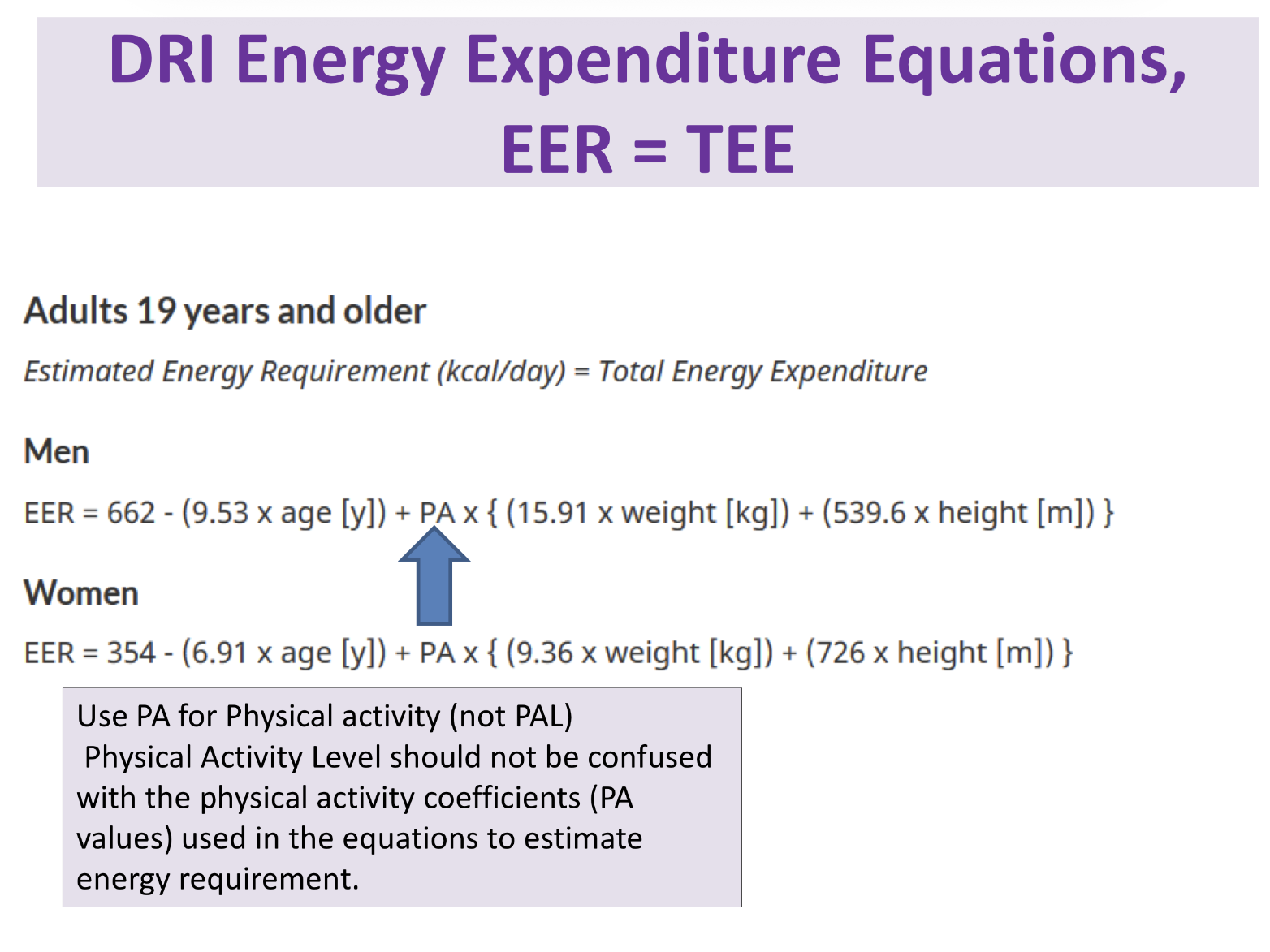 <p>estimated energy requirement EER= Total Energy Expenditure TEE</p><p></p>