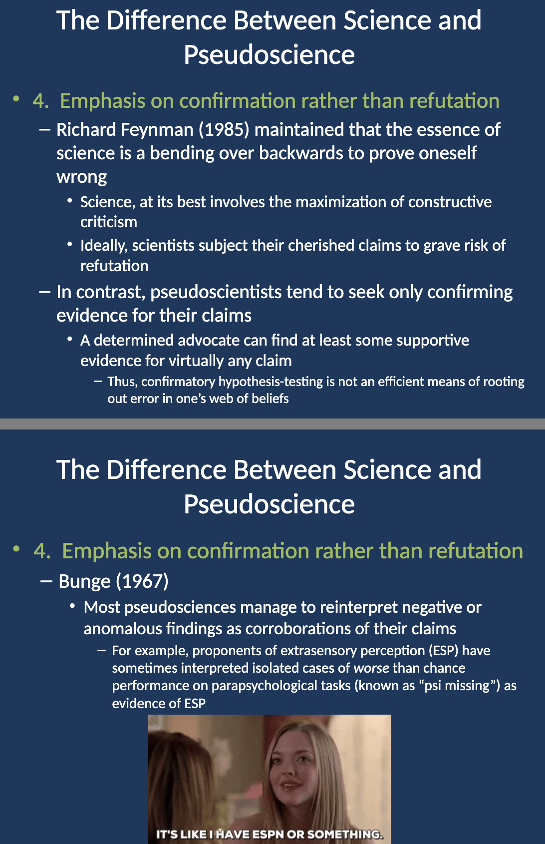 <p><strong>Emphasis on confirmation rather than refutation</strong>—science seeks to disprove claims to refine knowledge, while pseudoscience focuses only on confirmatory evidence and ignores contradictory data.</p>