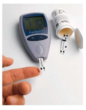 <p>measures blood glucose</p>