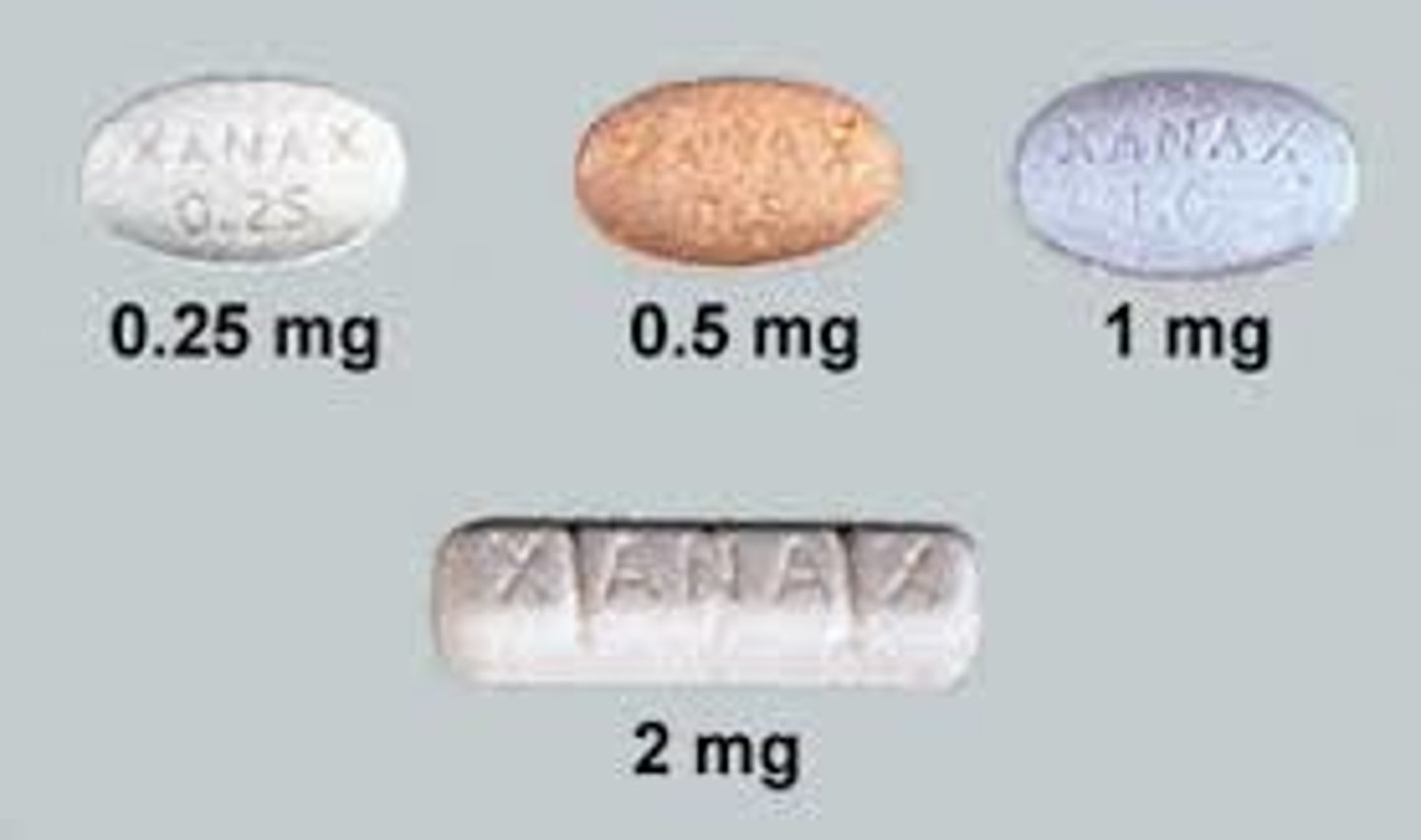 <p>Alprazolam</p><p>Benzodiazepine</p><p>Anxiety, panic, depression</p>