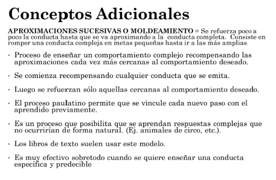 <p>Se refuerza poco a poco la conducta hasta que se va aproximando a la conducta completa. Consiste en romper una conducta compleja en metas pequeñas hasta ir a las más amplias.</p>