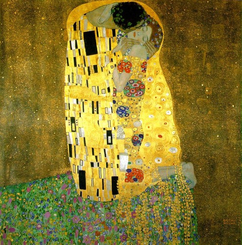 <p>The Kiss</p><p>Other notes: &quot;The Kiss&quot; painting is by Klimt &quot;The Kiss&quot; sculpture is by Rodin</p><p>The Kiss is housed in the Austrian Gallery in Vienna&apos;s Upper Belvedere Palace. The painting depicts a couple embracing in a field of flowers. ... Klimt depicts the couple locked in intimacy, while the rest of the painting dissolves into shimmering, extravagant flat patterning.</p>