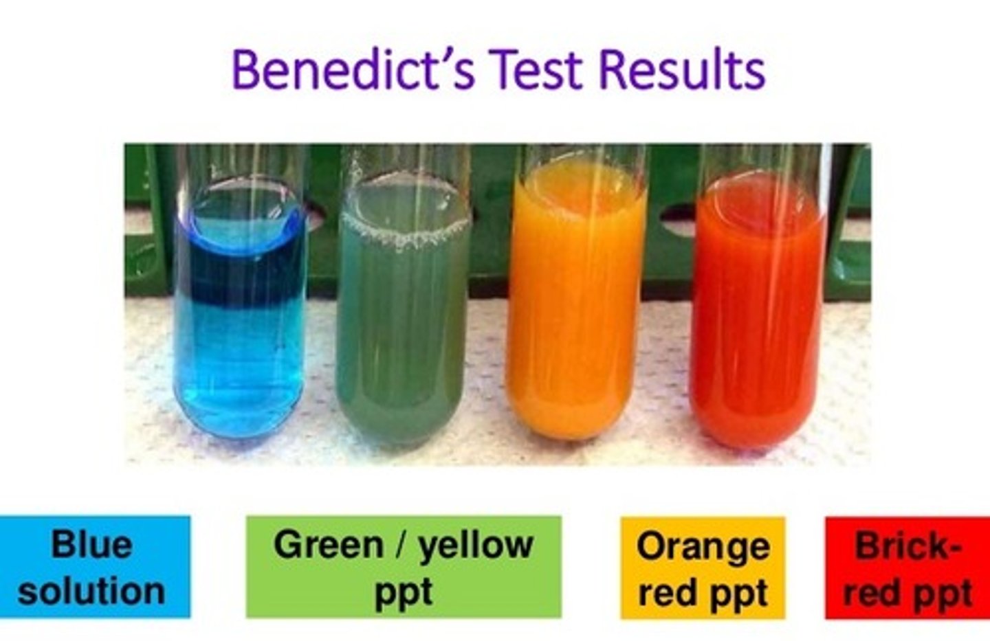 <p>1. Glucose reduces Cu²⁺ → Cu⁺</p><p>2. Forms brick red Cu₂O precipitate</p><p>3. Basis of reducing sugar tests (e.g., Benedict's test) - find out if sugas there in urine, normally glucose not there. then diabetic</p><p>- benedict solution contains Cu ions (blue), then green, orange, red.</p>