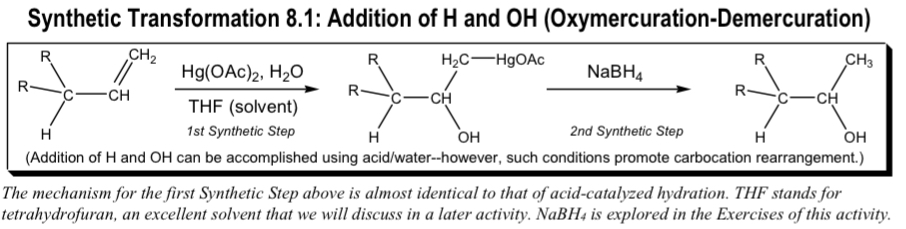 <ul><li><p>Markov addition of H and OH</p></li><li><p>oxymercurtion-demurcuration</p></li></ul><p></p>