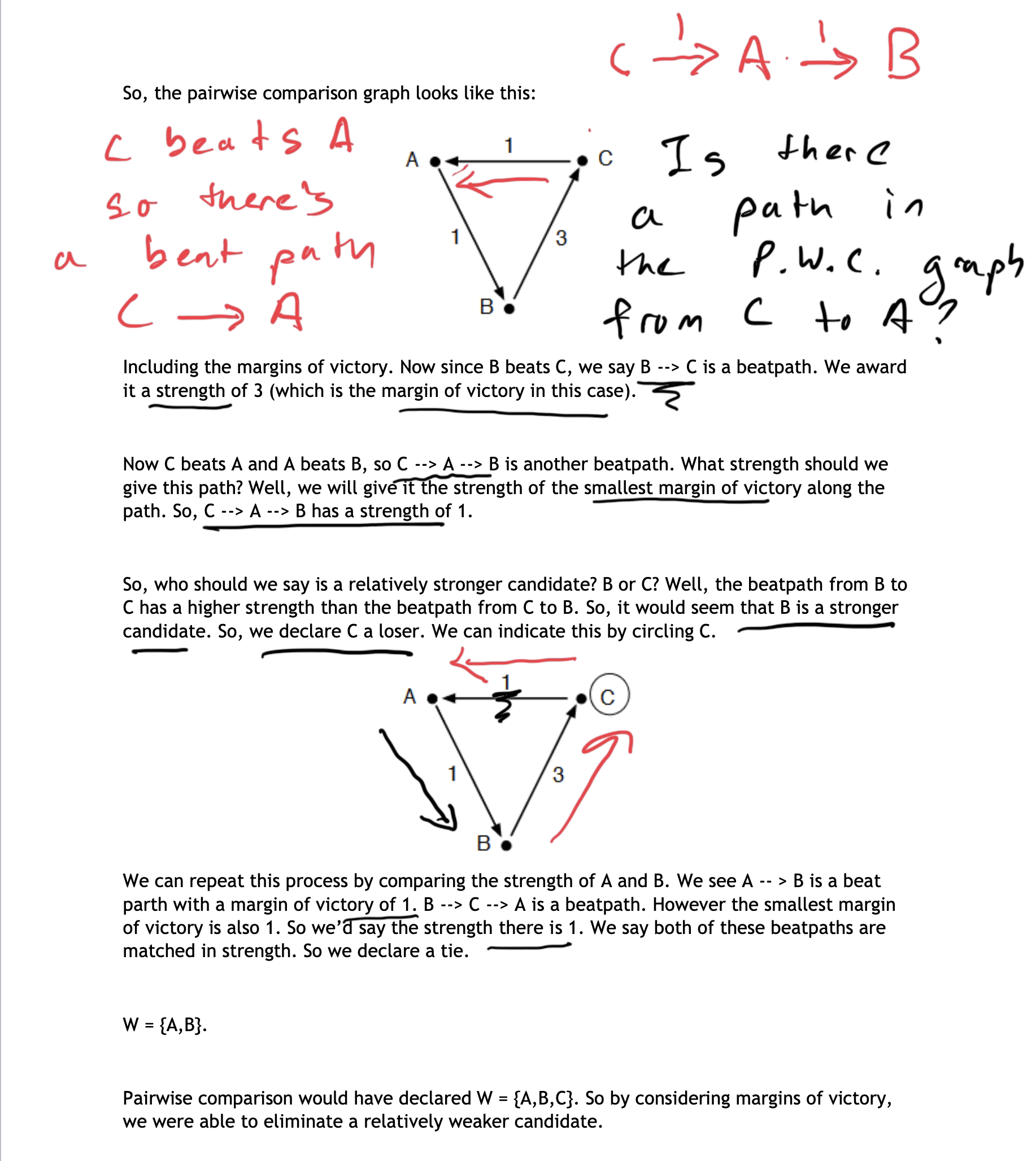 <p><span style="font-family: "Times New Roman", serif">One considers who beats who in a head-to-head, but also favors candidates who win by bigger margins&nbsp;</span></p><ul><li><p><span style="font-family: "Times New Roman", serif">(<u>uses margins of victory in pairwise comparison</u>)</span></p></li><li><p><span style="font-family: "Times New Roman", serif"><strong>beatpaths are assigned to strength of margin of victory (smallest on path)</strong></span></p></li></ul><ul><li><p>majority fair, A Priori SF, Smith fair, avoids losing spoilers, independent of candidate names, satisfies 1P1V and unanimity</p></li><li><p>ties v unlikely with a lot of voters</p></li></ul><p></p>