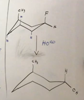<p>with sn2 we have inversion of config. because 2nd degree halide, choose sn1 or 2, because we chose oh- it is sn2. We replace F with OH because substitution, and add it to the right in the new chair confirmation. However, oh is now EQUITORIAL.</p>