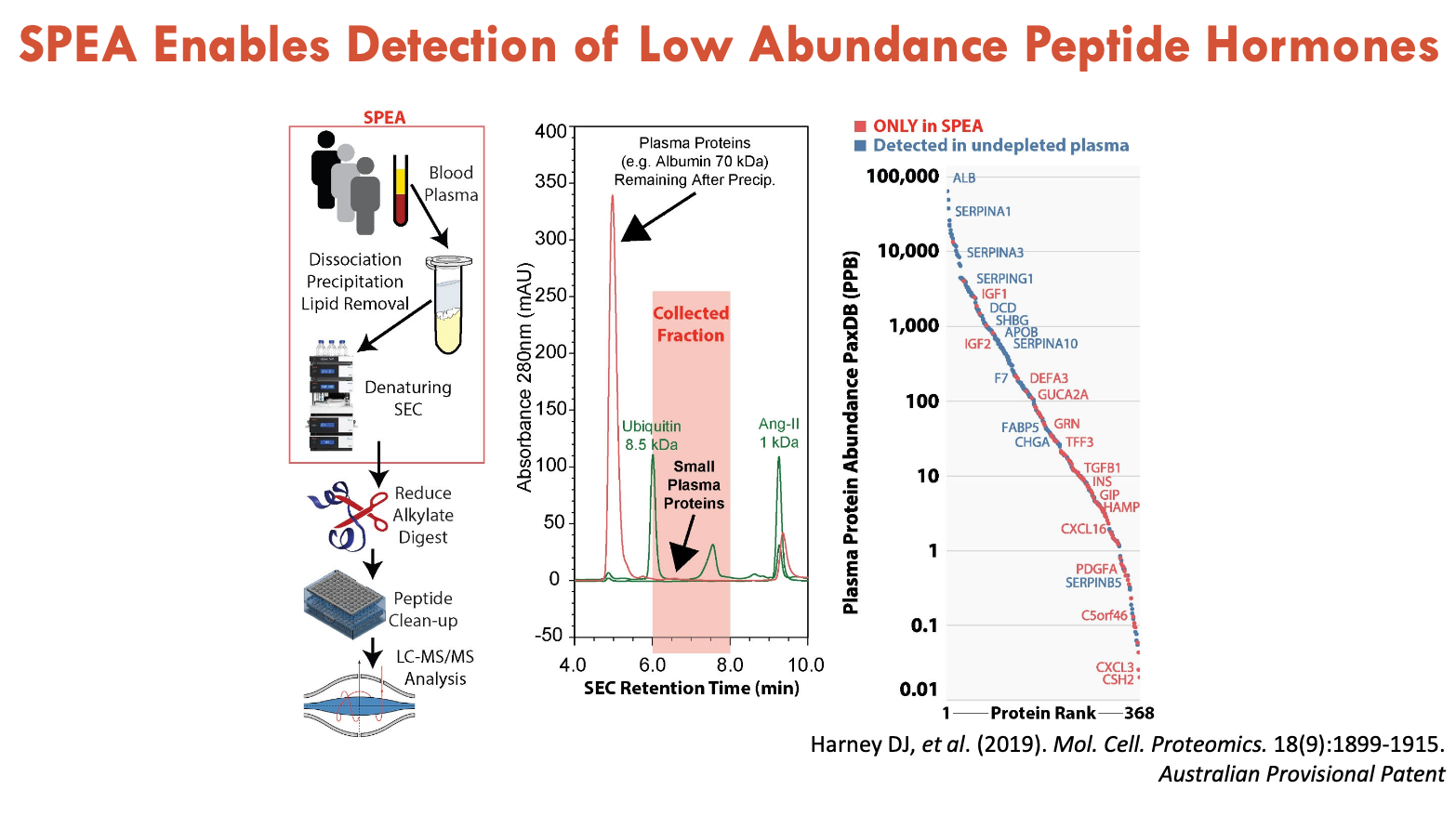 <p>Plasma proteins have a dynamic range, which presents a problem</p><ul><li><p>instead, focus on the <strong>molecular weight</strong> of interested proteins</p></li><li><p>low abundance hormones are mostly low molecular weight</p></li></ul><p>Using <strong>small protein enrichment (SPEA)</strong> from plasma, it separates proteins by size</p><ul><li><p>enables detection of low abundance peptide hormones</p></li><li><p>people undergoing IF demonstrated low iron but also had novel peptides</p></li></ul><p></p>