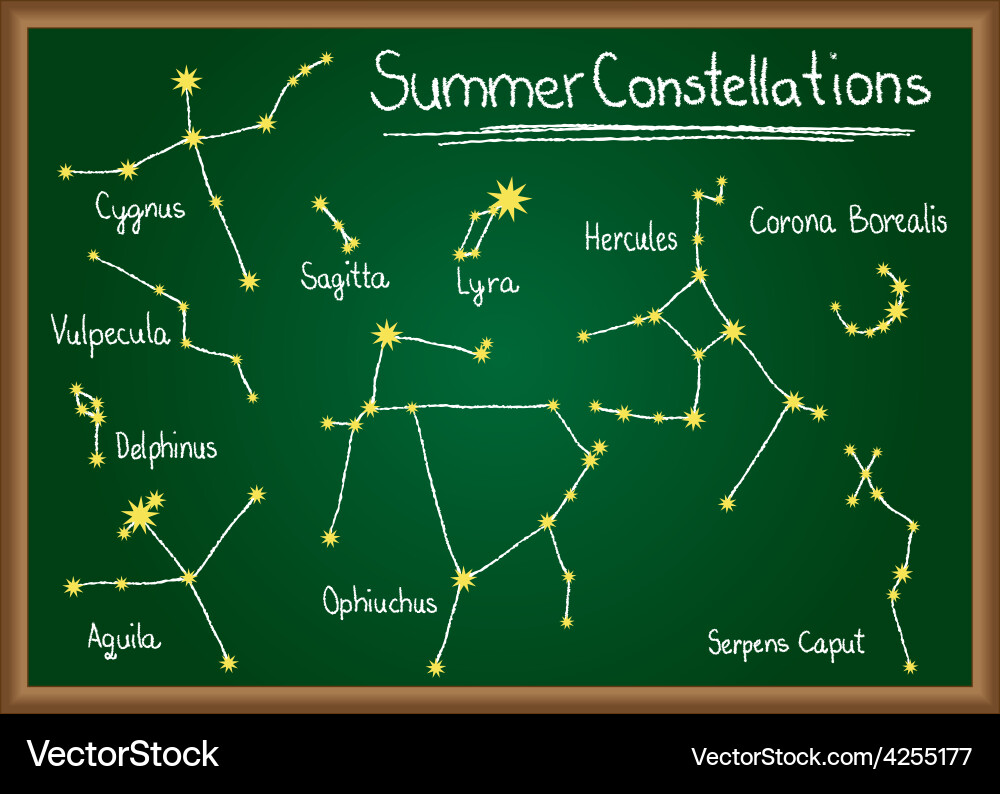 <p>summer in northern, winter in southern</p><ul><li><p>LYRA</p></li><li><p>Hercules (ngik)</p></li><li><p>Corona Borealis </p></li><li><p>Ophiuchus</p></li><li><p>Sagittarius </p></li><li><p>Delphinus (YEZZZZZ)</p></li><li><p>and friends</p></li></ul>