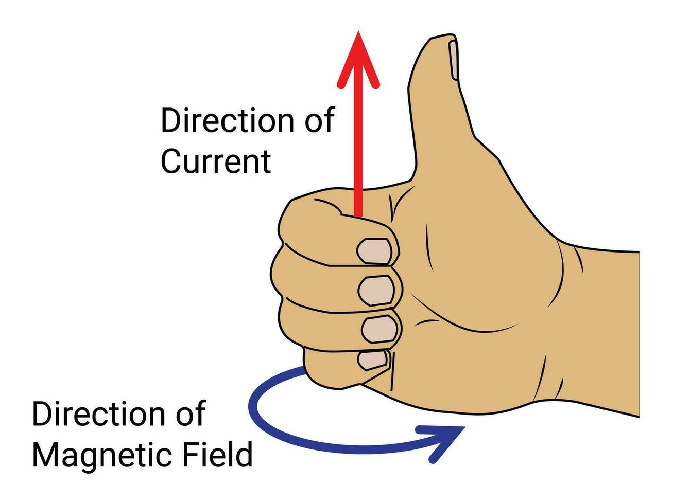 <p>thumb - current</p><p>curved fingers - magnetic field</p>