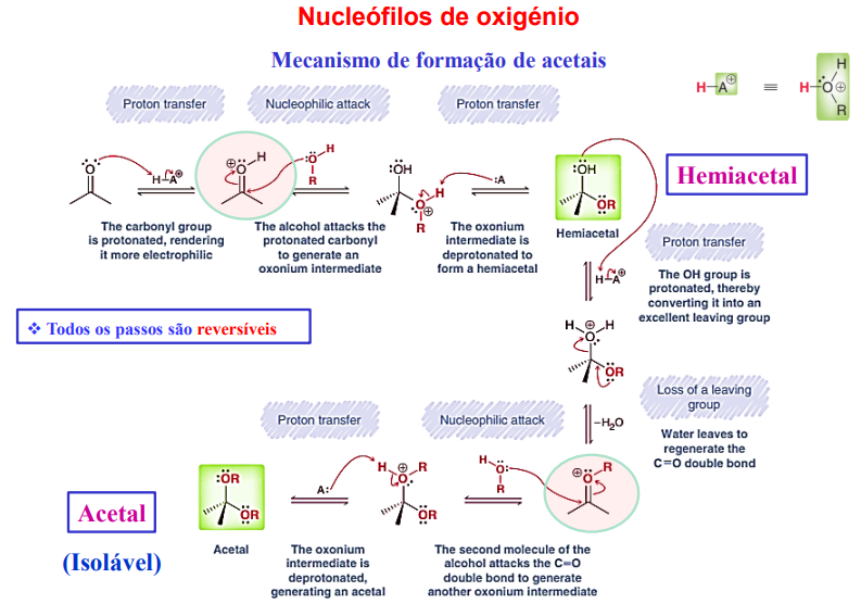 <p>1) protonação do grupo carbonilo</p><p>2) ataque nucelofílico (do álcool)</p><p>3) transferência de protões (desprotonação para formar um <strong>hemiacetal</strong>)</p><p>4) protonação do OH</p><p>5) saída do grupo abandonante (e regeneração do C=O)</p><p>6) ataque nucleofílico (do álcool outra vez)</p><p>7) transferência de protões (desprotonação para formar um <strong>acetal</strong>- isolável)</p>