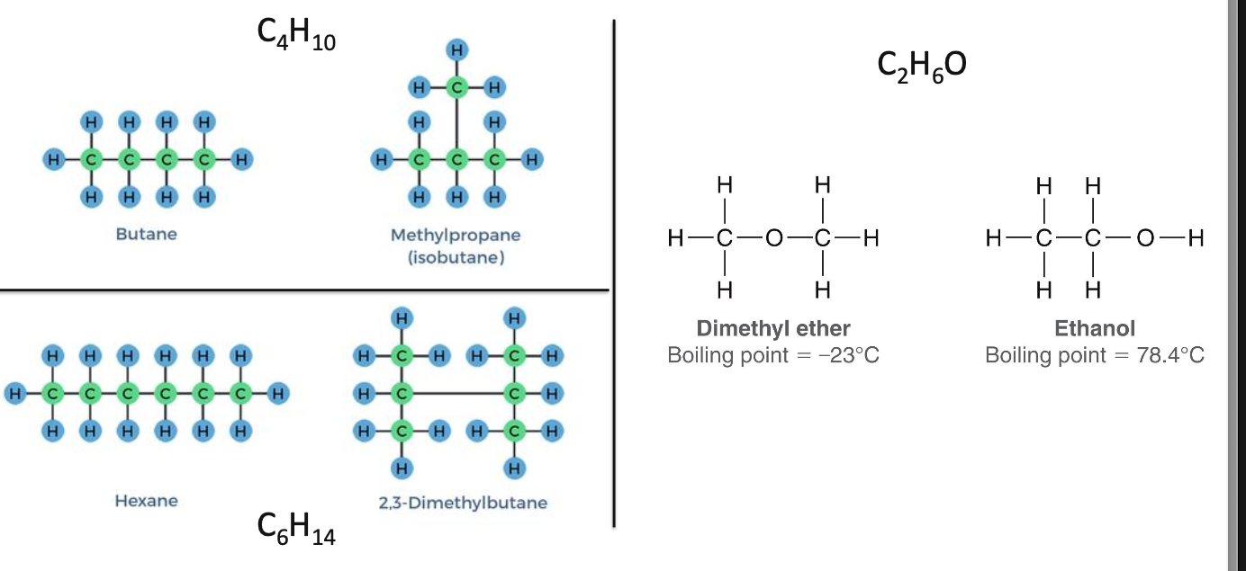 <p>are different compounds that have the same molecular formula but differ in how the atoms are connected</p><ul><li><p>structural atoms</p></li></ul><p></p>