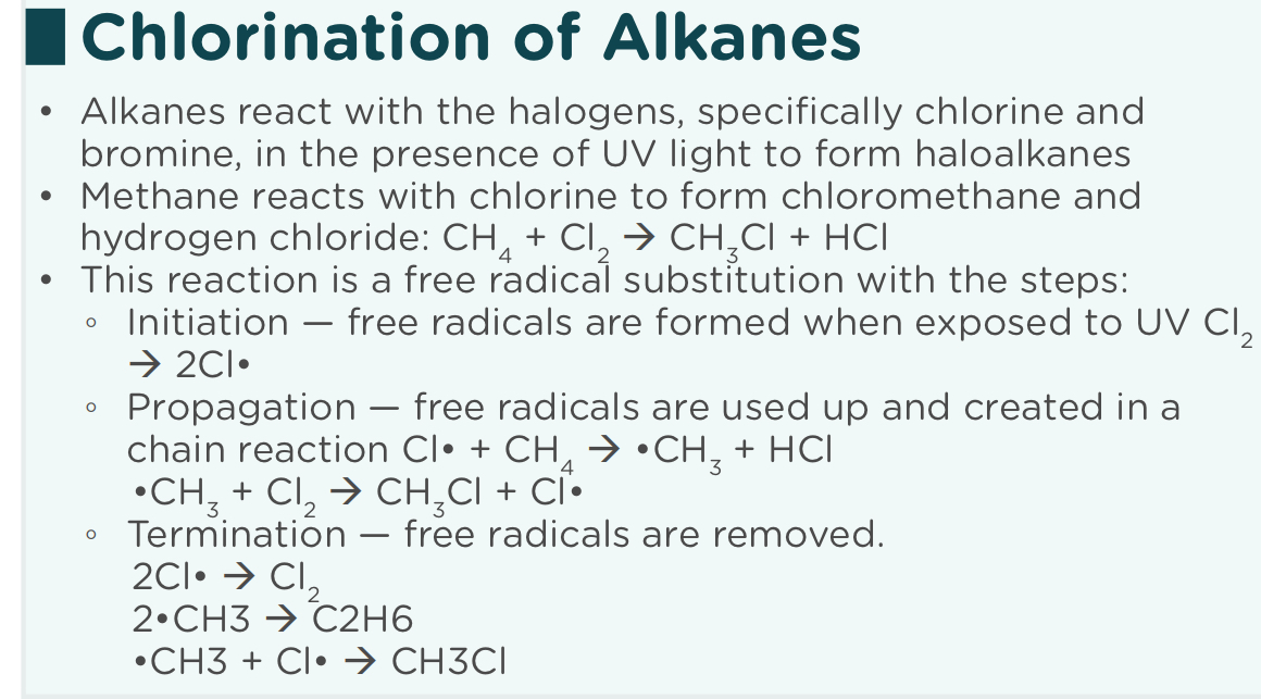 <p>Termination - 2 radicals make one molecule with no radicals. </p><p>fluorine - least reactive / strongest bond electronegativity decreases so polarity of bond decreases </p>