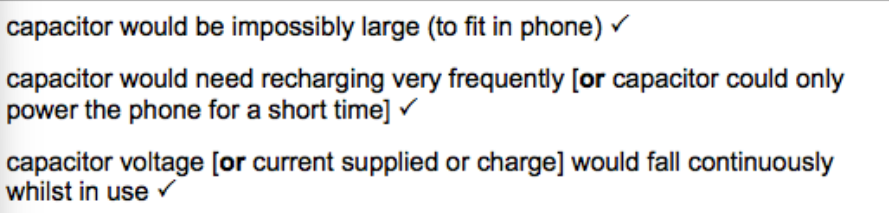 <p>Limits are always the size of the capacitor would be extremely large and capacitors can only power electric devices for short time</p>