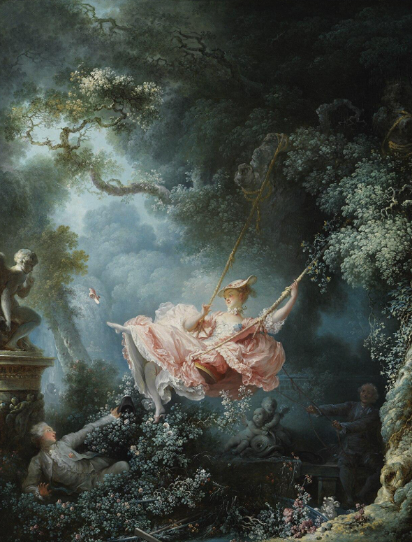 <p>This is a rococo painting showing a <span><span>young woman in a pink dress swinging above some bushes while a man is below her watching her and a man behind her helping to control the swing. This painting was used to show </span></span><span>leisure from the French nobility class.</span><span><span>  </span></span></p>