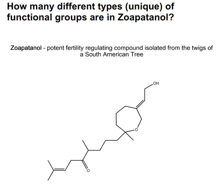 <p>How many different types (unique) of functional groups are in Zoapatanol?</p>