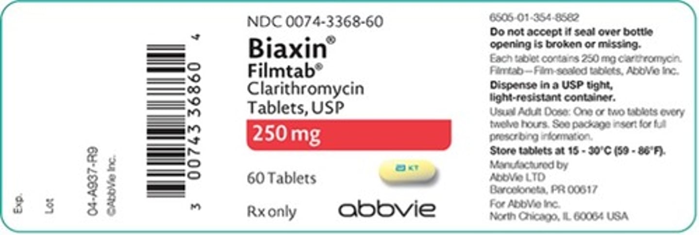 <p>Clarithromycin</p><p>Macrolide Antibacterial</p><p>Staphylococcus aureus, Staphylococcus pyogenes</p>