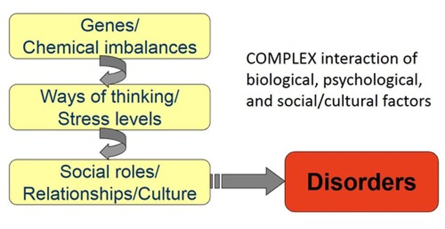 <p>It integrates biological, psychological, and sociocultural factors in understanding mental disorders.</p>
