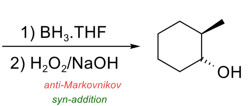 <p>Hydroboration Oxidation (Anti-Markovnikov, Syn-addition, stereospecific).&nbsp;</p>