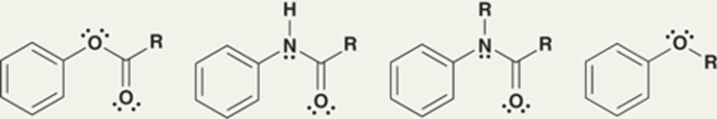 <p>Exhibit a lone pair that is already delocalized outside of the ring.</p><p>Alkoxy groups are moderate activators.</p>