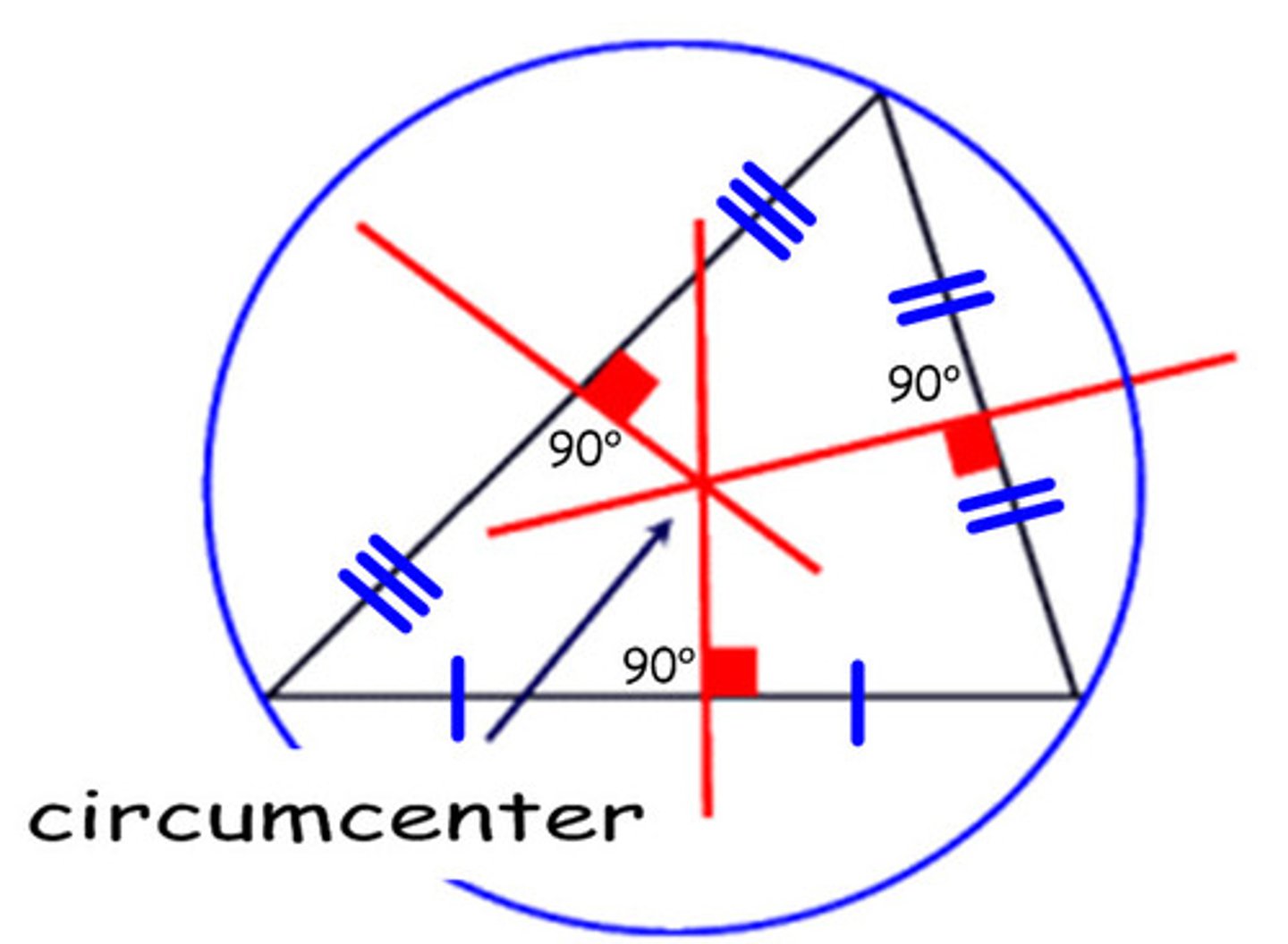 <p>bisects and makes a right angle with a side of a triangle.They meet in a triangle at a point called the circumcenter.</p>