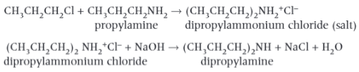 <p><span style="background-color: transparent;"><span>The reaction, for making Primary Amines, is unsuitable for making pure Primary Amines, as the product still contains a lone pair of electrons on the </span><strong><span>N</span></strong><span> atom that can react further with a haloalkane to form a secondary amine. The product of the 1st Reaction (In the Image) is again an ammonium salt.</span></span><br><span style="background-color: transparent;"><span>The secondary amine is obtained from the salt by reacting the product with sodium hydroxide, the 2nd Reaction (In the Image).</span></span></p><p><span style="background-color: transparent;"><span>Tertiary amines can also be formed by further reaction of the secondary amine. In this example, further substitution would form tropropylamine, </span><strong><span>(CH</span><sub><span>3</span></sub><span>CH</span><sub><span>2</span></sub><span>CH</span><sub><span>2</span></sub><span>)</span><sub><span>3</span></sub><span>N</span></strong><span>.</span></span><br></p>