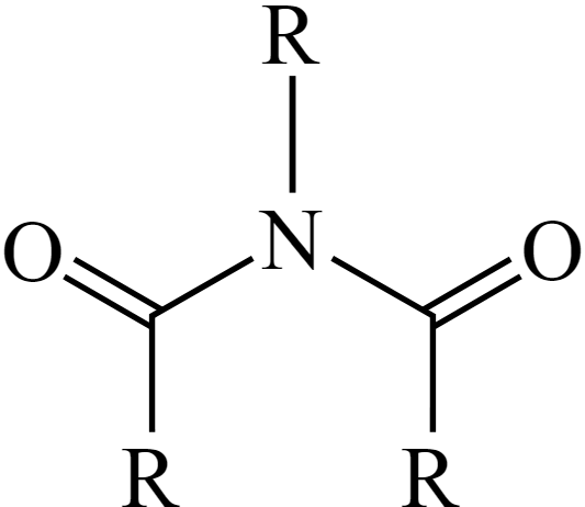 <p>1 N attached to 2 (or more) primary or secondary R’s which are doubly bonded with their O’s.</p>