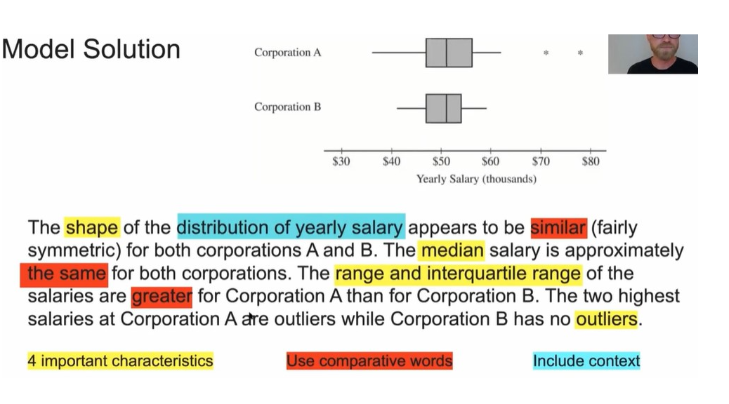 <ul><li><p>Address the four important characteristics (Shape, center, variability, unusual features)</p></li><li><p>Use Comparative Words</p></li><li><p>Include Context</p></li></ul><p></p>