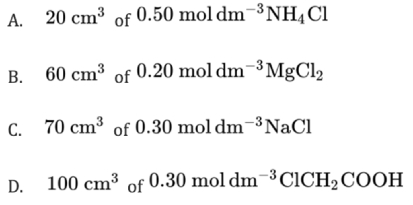 <p>Which solution contains the biggest amount, in mol, of chloride ions?</p>