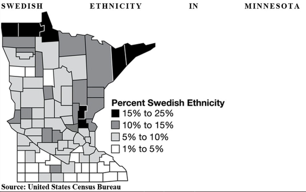 In the late nineteenth century, a large proportion of Swedish immigrants that came to the United States settled in rural areas of Minnesota. Descendants of these communities remain in Minnesota today, as shown in the map. Which of the following best describes the pattern of Swedish-American ethnicity within Minnesota’s cultural landscape?