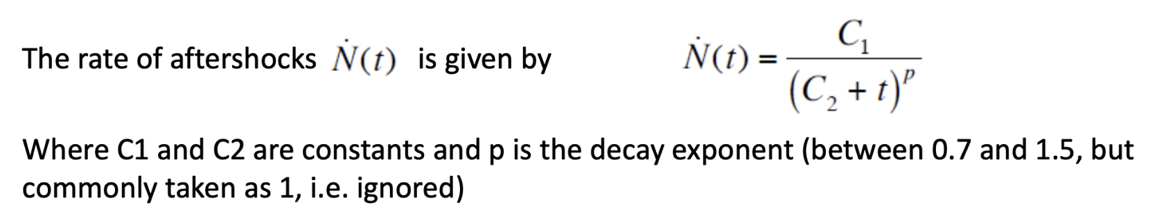 <p><strong>Omori’s law</strong><span><span> describes how the </span></span><strong>frequency of aftershocks decays with time</strong><span><span> after a main earthquake.</span></span></p>