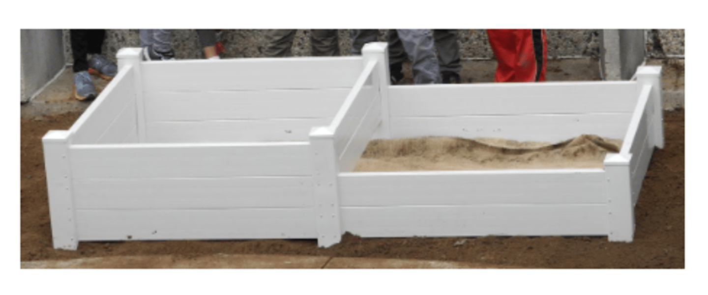 <p>small areas of soil that have been raised above the surface of the ground by plastic frames</p>