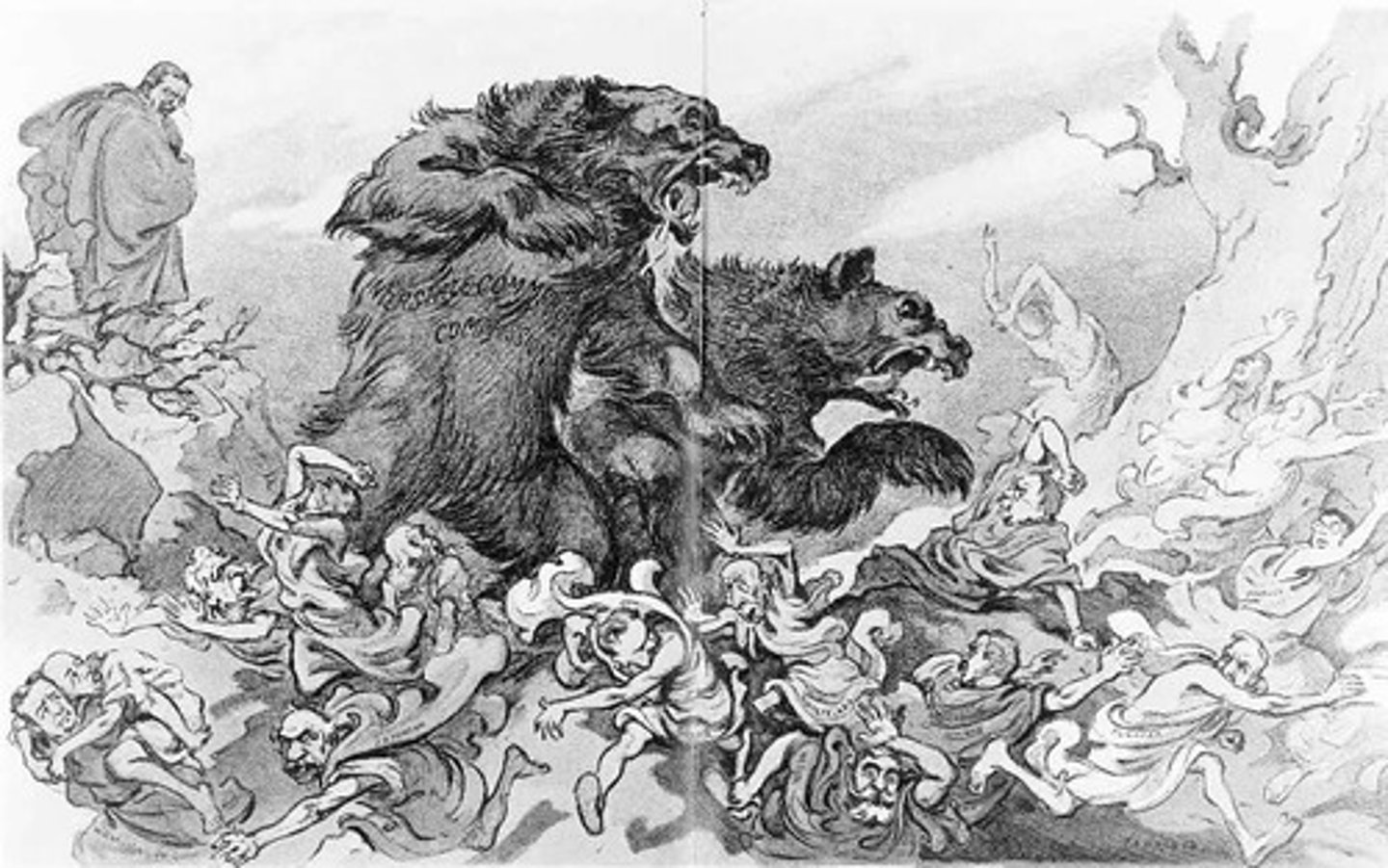 <p>A financial panic that gripped the United States in October 1907, triggering widespread bankruptcies and causing the stock market to lose half its value from the previous year. Staunched only by J. P. Morgan's timely intervention, the panic eventually led to the creation of the Federal Reserve in 1913, marking the panic as the last time that a major financial crisis was resolved by private means.</p>