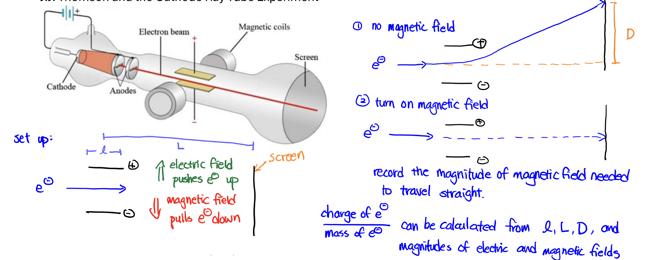 <p>Experiment: shoot a ray of electrons through a tube with an electric and magnetic field affecting the ray; electric directs the path, and changing the magnetic field can make it go straight (the light can curve without magnetic field, the distance = D)</p><p></p><p><strong>Significance: charge-to-mass ratio</strong></p>