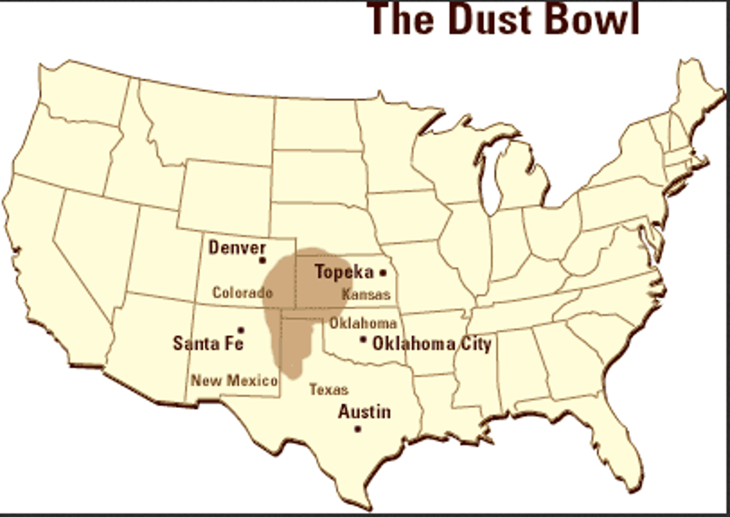 <p>Region of the Great Plains that experienced a drought in 1930 lasting for a decade, leaving many farmers without work or substantial wages. Also caused by poor farming practices.</p>