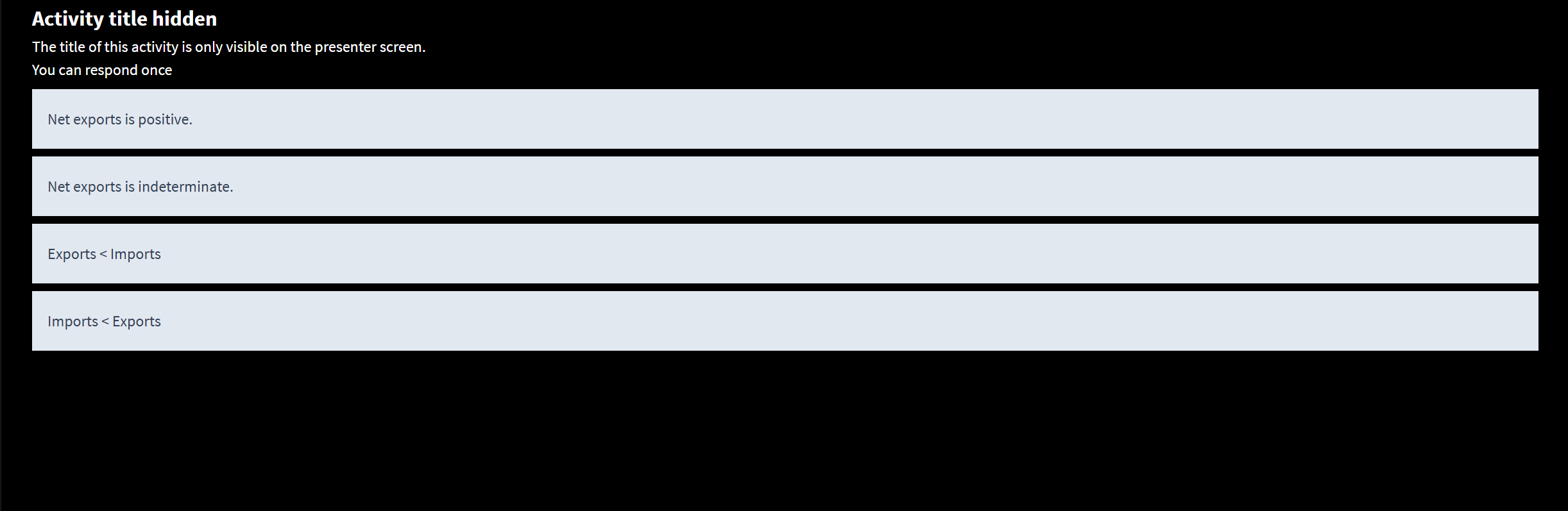 <p>Suppose total expendenture is $377 billion, C=$447 billion, I=$110 billion, and G=$80 billion. Which of the following is true about the net exports?</p>