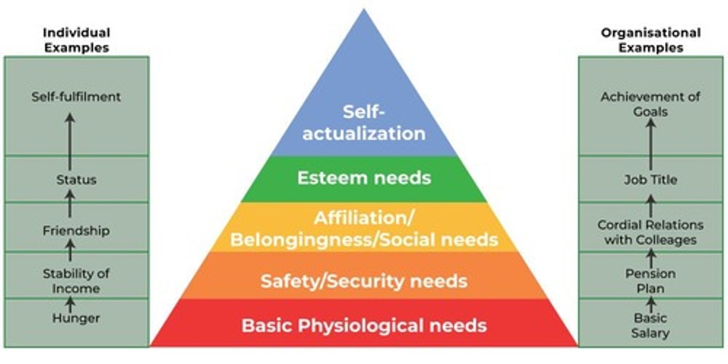 <p>Physiological, Safety and Security, Love and Belongingness, Self-esteem, and Self-Actualization.</p>