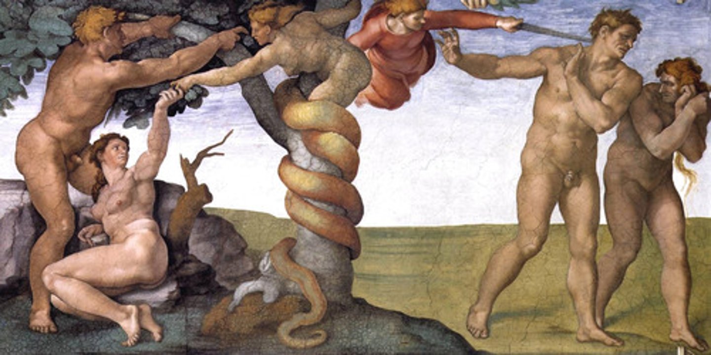 <p>Michelangelo. 1512 CE. Fresco.<br><br>Depicts two narrative scenes of Adam and Eve: left side they are in Garden of Eden, and then right side depicts them cast out of Eden.</p>
