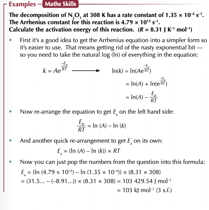 <p>Ea= (In (A) - In (k)) x RT</p><p></p><p>A=) Arrhenius constant </p><p></p><p>k) rate constant </p>