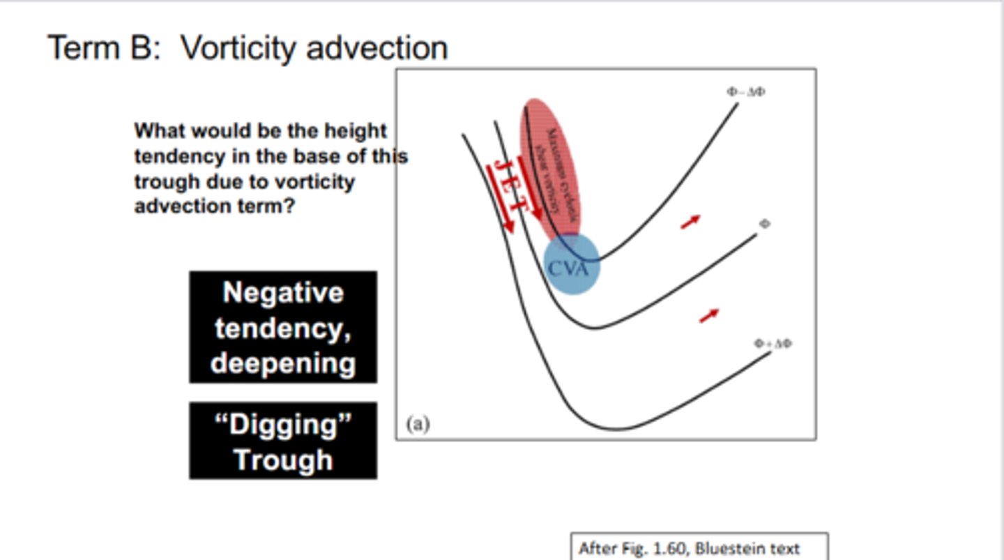 <p>Since out ahead of your jet streak, you have CVA, which leads to a NEGATIVE height tendency. This leads to height falls or the trough begins to DIG.</p>