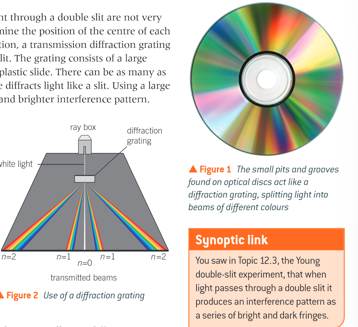 <p>when white light is passed through a diffraction grating it splits into its component colours, making gratings especially useful in spectroscopy.&nbsp;</p>