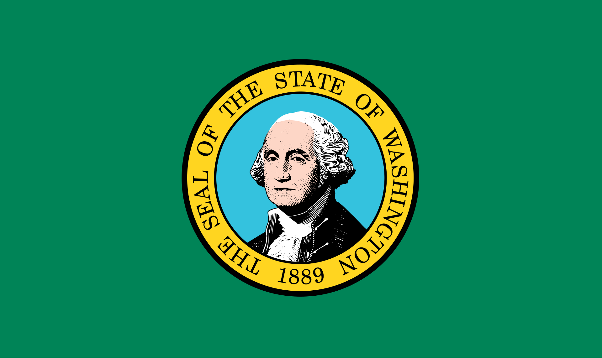 <p>Green background with an emblem featuring George Washington</p>