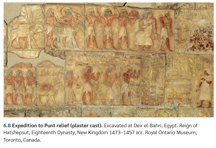 <p>New Kingdom, Egypt, 1550-1069 BCE. Hatshepsut funerary complex. her name is erased from many monuments and sculptures by her stepson Thutmose III (iconoclasm). 2 teared funerary complex, many columns. She worse not only the crown of Upper and lower egypt but also a ceremonial beard like the kings</p>