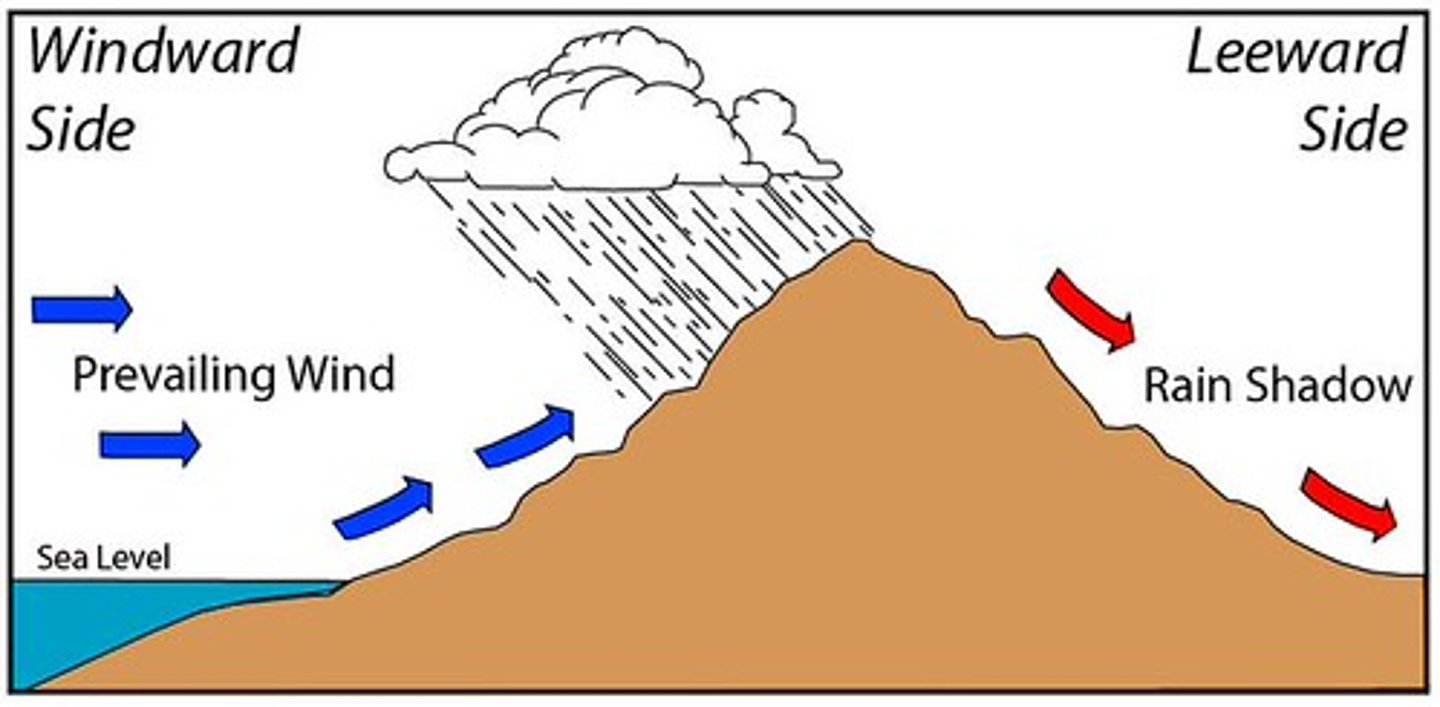 <p>Occurs when:</p><p>#1 Moisture from the ocean gets picked up</p><p>#2 Gets shunted upwards a mountain &amp; cools + turns into clouds</p><p>#3 hot, dry air expands &amp; takes up moisture on the leeward side</p><p>#4 creates arid or desert area.</p>