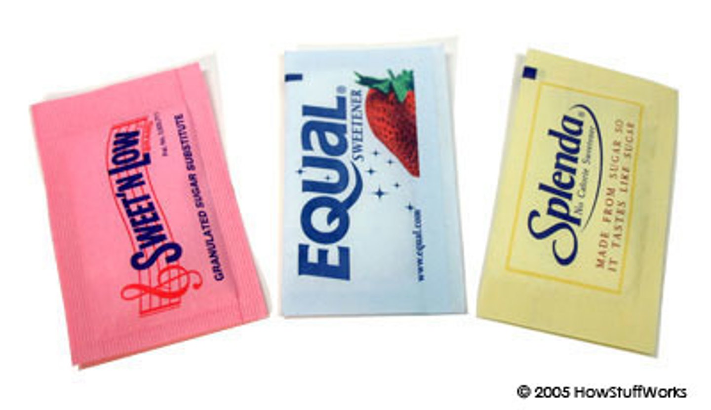 <p>- travel unchanged, will not be broken down just end up excreted</p><p>- molecules are so small that they are basically 0 cals (aspartame are in 0 cal drinks)</p>