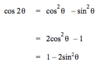 <p>cos²(2u) - sin²(2u)</p><p>2cos²(u) - 1</p><p>1 - 2sin²(u)</p>